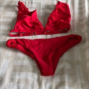 Red swim suite.